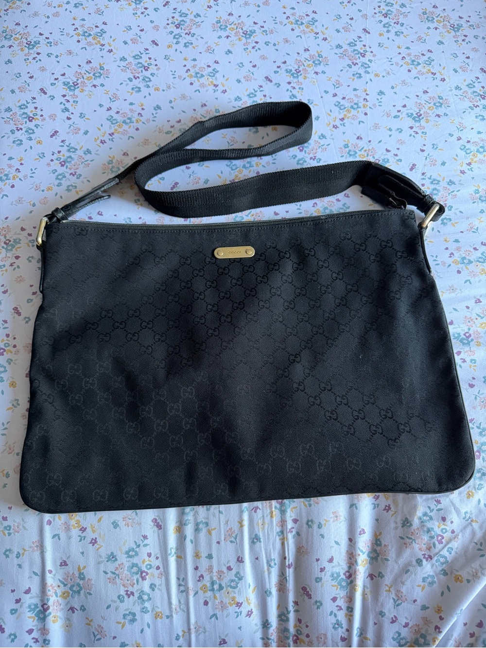 Gucci Black GG Jacquard Crossbody with Gold Plaque